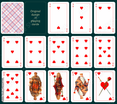 Original design of playing cards. All cards are hearts. Standard poker deck from two to ace. All cards are hearts
