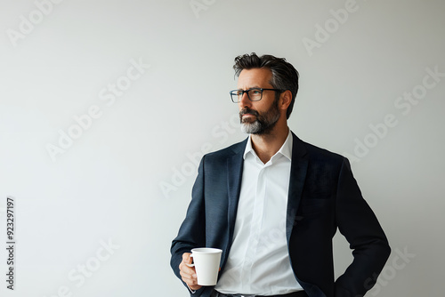 Confident Businessman in Suit Enjoying Coffee Break