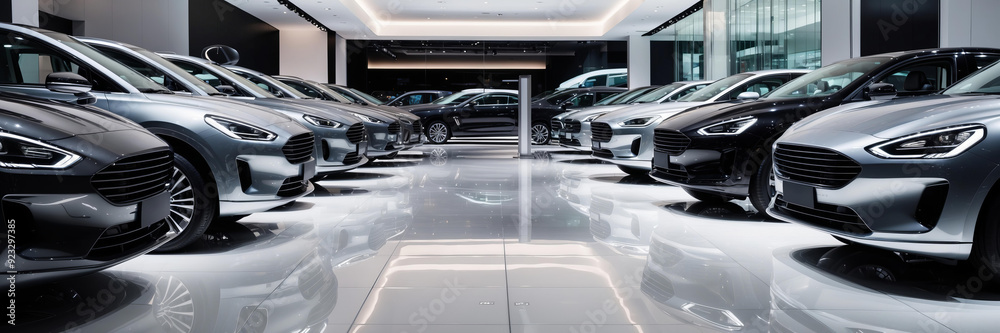 Futuristic cars in sleek showroom highlight contemporary automotive design and elegance Futuristic cars in sleek showroom highlight contemporary automotive design and elegance