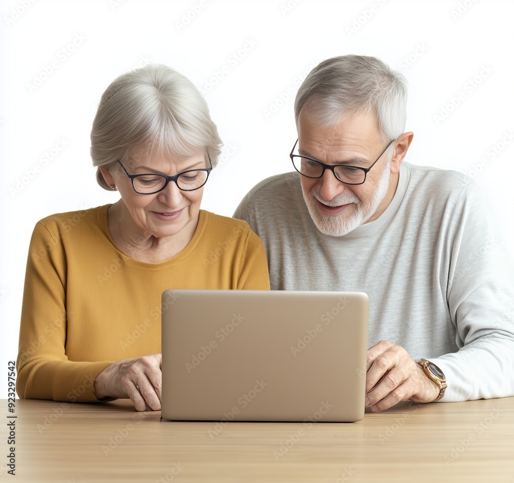 Senior couple using laptop, smiling and enjoying together. Senior couple using laptop, smiling and enjoying together.