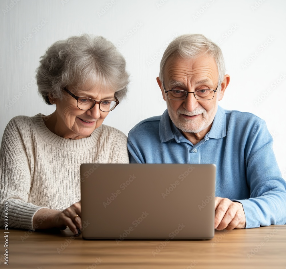 Elderly Couple in Glasses Happily Engaged with Laptop - Symbolizing Togetherness and Technology Adoption in Later Life Elderly Couple in Glasses Happily Engaged with Laptop - Symbolizing Togetherness and Technology Adoption in Later Life