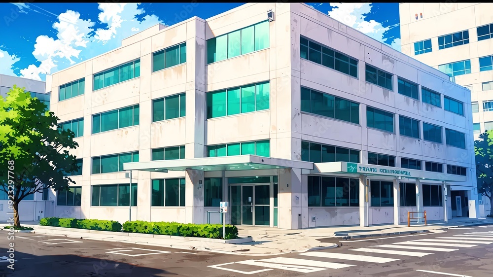 Obraz premium anime style urban hospital front for background