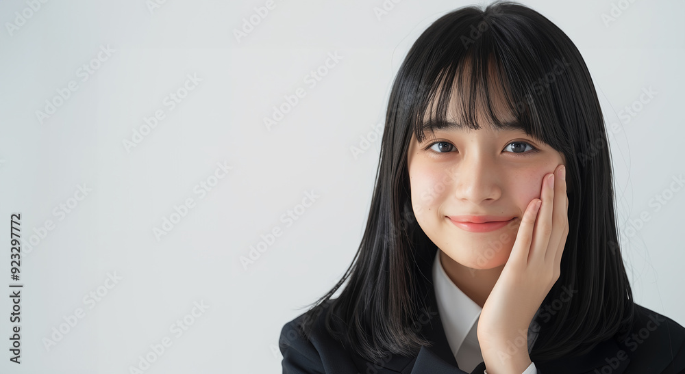 顔に手を当てて考える女子生徒 顔に手を当てて考える女子生徒