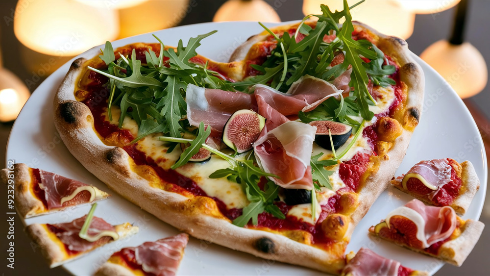 Heart-shaped gourmet pizza topped with fresh arugula, prosciutto, figs, and melted cheese, perfect for Valentine's Day or romantic dining. Heart-shaped gourmet pizza topped with fresh arugula, prosciutto, figs, and melted cheese, perfect for Valentine's Day or romantic dining.