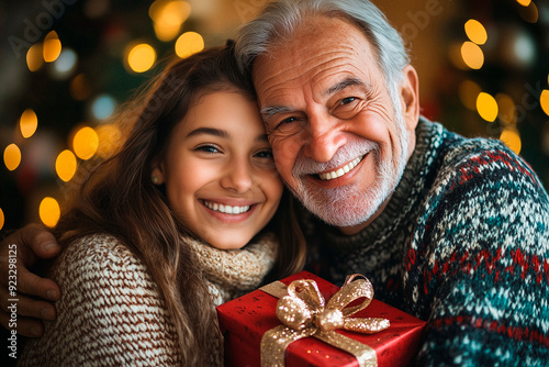 Herzerwärmendes Weihnachtsfest: Großvater und Enkelin teilen besondere Momente und Geschenke in festlicher Stimmung photo