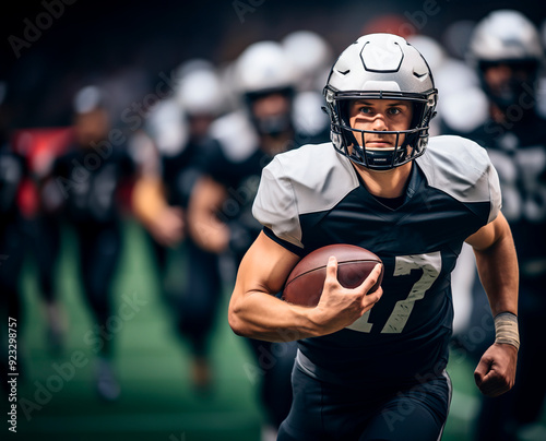 American football player runs with the ball in his right hand. In the background: Players of your team. Copy space
