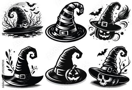 Black and white witch hats with Halloween elements; spooky vector art for seasonal decoration