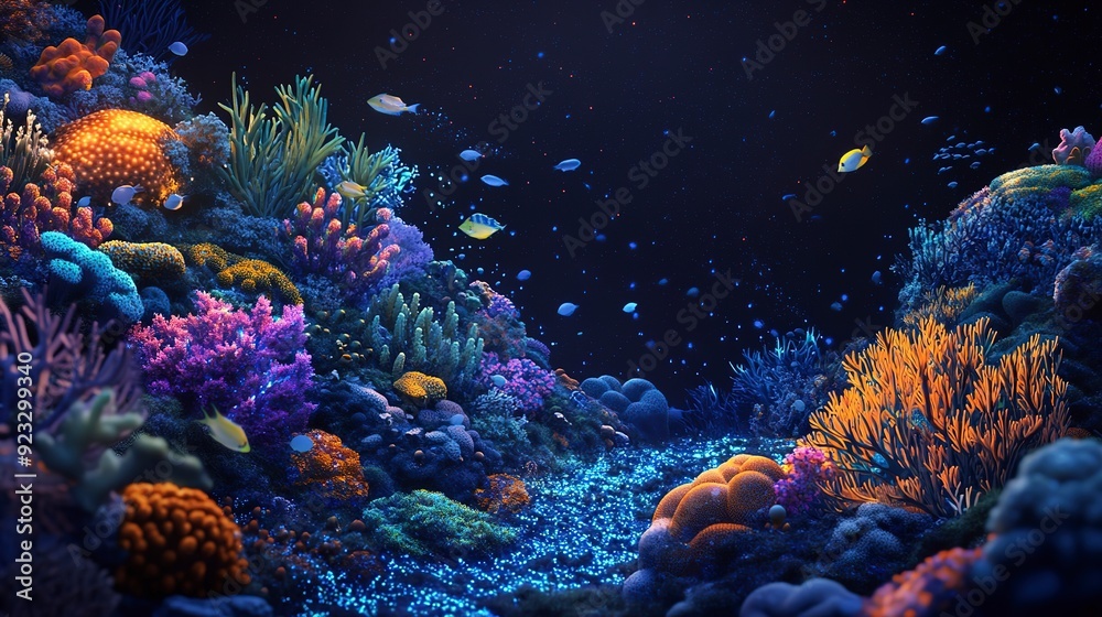 Obraz premium An artistic depiction of a vibrant coral reef at night, with bioluminescent marine organisms glowing in the dark water, showcasing the fascinating aspects of marine biodiversity.
