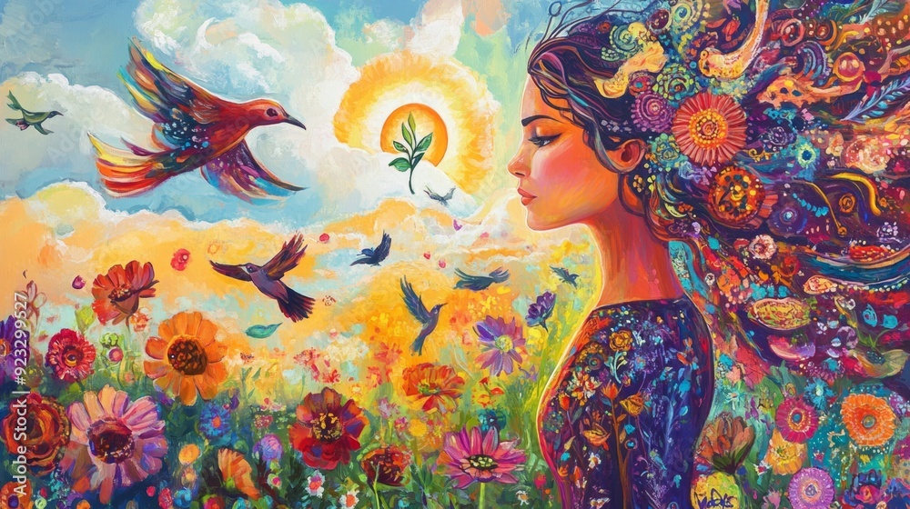 Fototapeta premium Ethereal Landscape of Empowerment, a vibrant portrayal of a woman nurturing love, surrounded by flowers and birds, symbolizing hope, freedom, and women's rights amidst nature.