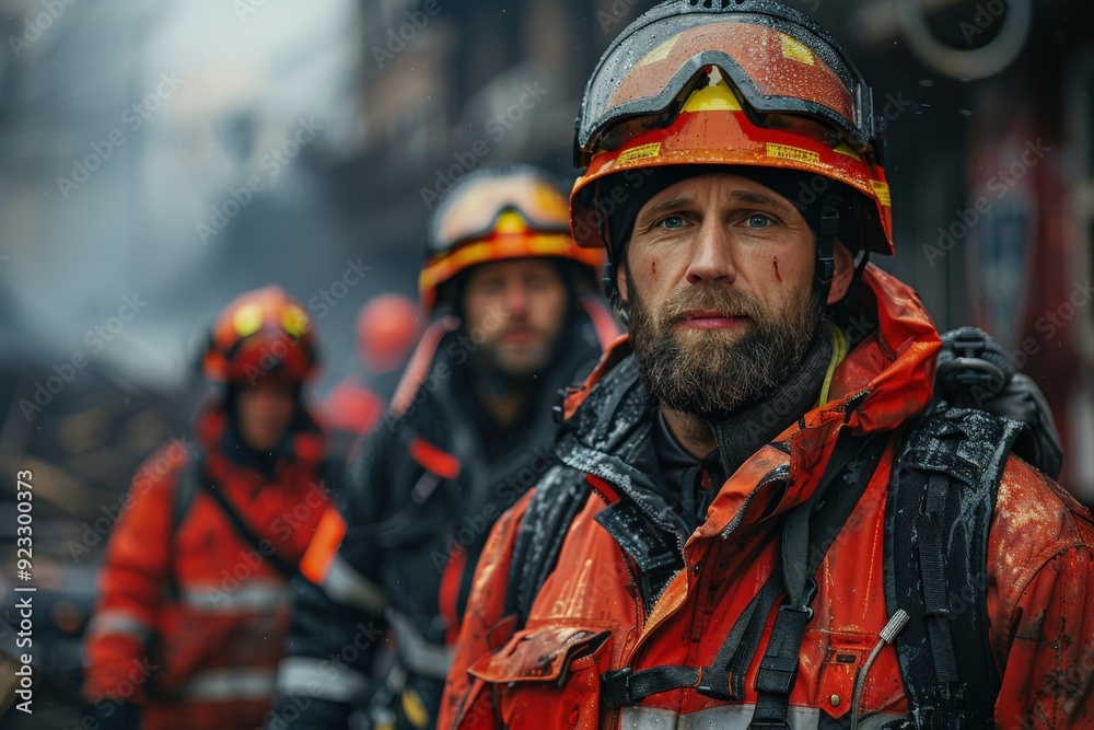 A group of firefighters in action, wearing protective gear and helmets. The scene is intense, with an out-of-focus background hinting at the severity of their environment. A group of firefighters in action, wearing protective gear and helmets. The scene is intense, with an out-of-focus background hinting at the severity of their environment.