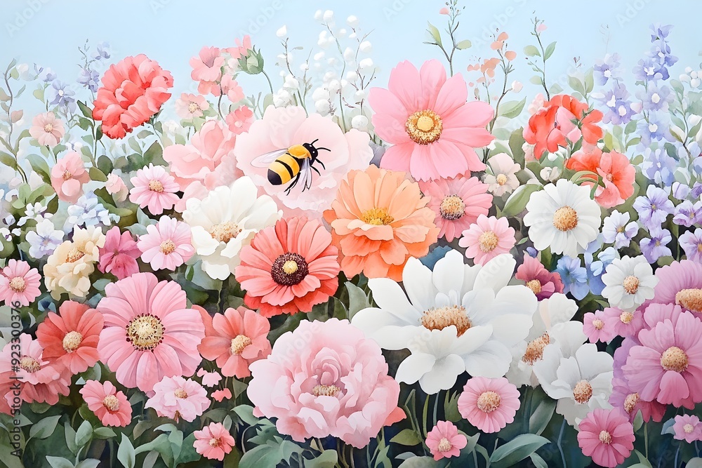 Vibrant and Radiant Floral Garden with Buzzing Honeybees Vibrant and Radiant Floral Garden with Buzzing Honeybees