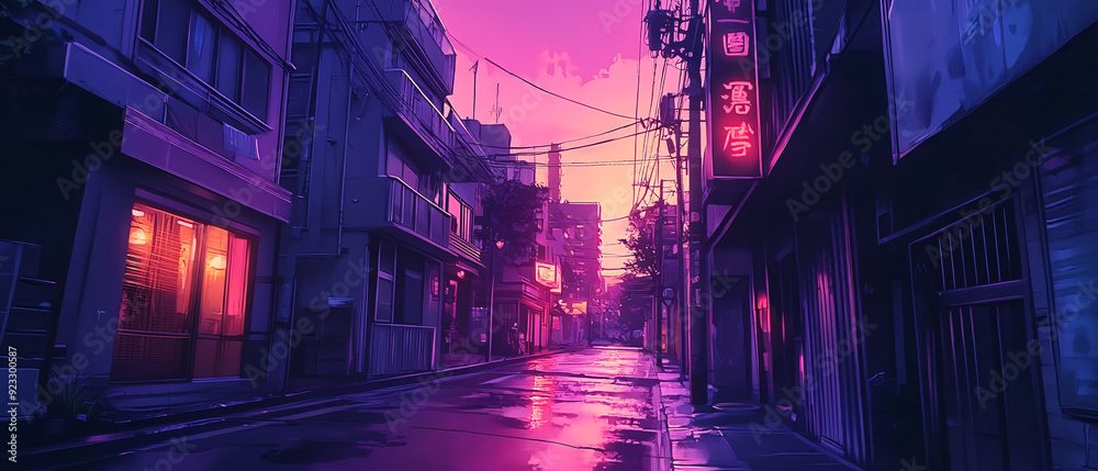 Neon Lights Illuminate Empty Japanese Street at Sunset Neon Lights Illuminate Empty Japanese Street at Sunset