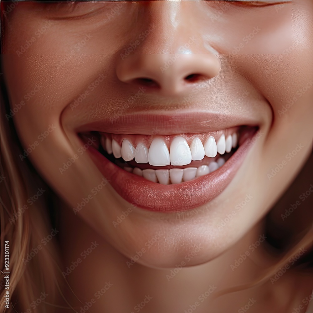 The face of a girl with a dazzling smile close-up. Illustration for advertising dental services, dentist. Printing on the packaging of oral care products. The face of a girl with a dazzling smile close-up. Illustration for advertising dental services, dentist. Printing on the packaging of oral care products.