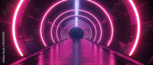 Futuristic Neon Tunnel with Pink and Blue Lights 3D Rendering