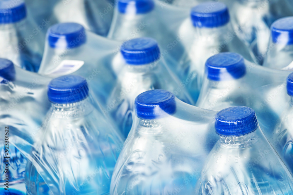 A row of plastic bottles of water are wrapped in plastic. The bottles are all the same size and shape A row of plastic bottles of water are wrapped in plastic. The bottles are all the same size and shape