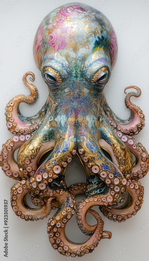 Intricate and Colorful Octopus Sculpture with Detailed Patterns and Textures on a White Background Intricate and Colorful Octopus Sculpture with Detailed Patterns and Textures on a White Background