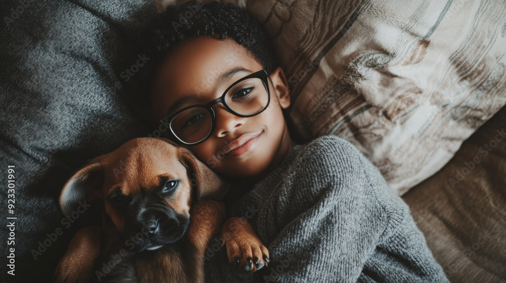 Obraz premium A young African American boy lying down on a bed with a small puppy, both looking at the camera with a calm, content expression. The boy is wearing glasses.