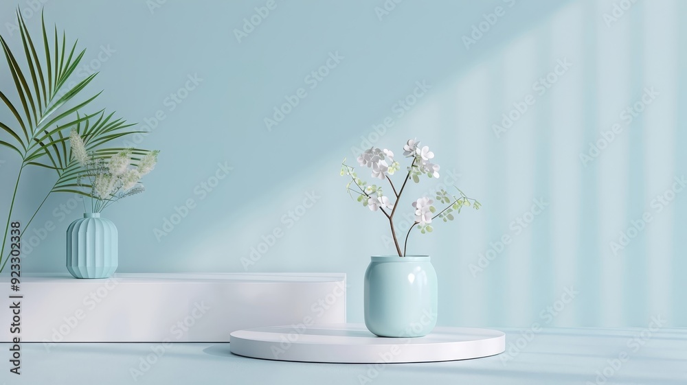 A minimalist blue podium displaying a product against an abstract background. A minimalist blue podium displaying a product against an abstract background.