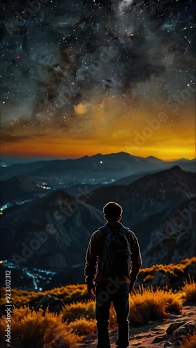 Person in the mountains watching the night sky change, solo traveler with a bag standing on a mountaintop watching the night sky full of stars time-lapse and distance valley cities Generative AI