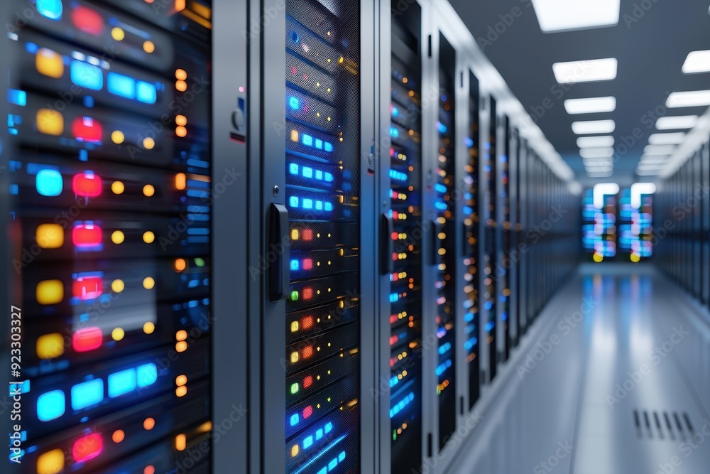Close-up view of a high-tech data center corridor featuring brightly lit server racks with colorful indicator lights. Close-up view of a high-tech data center corridor featuring brightly lit server racks with colorful indicator lights.