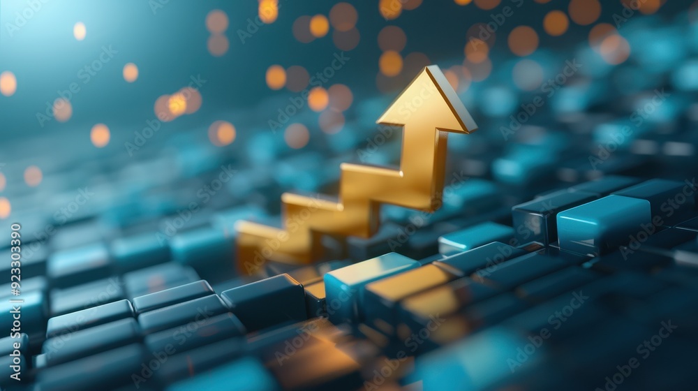 Abstract 3D illustration of a golden upward arrow rising among digital blocks, symbolizing financial growth, progress, and success. Abstract 3D illustration of a golden upward arrow rising among digital blocks, symbolizing financial growth, progress, and success.
