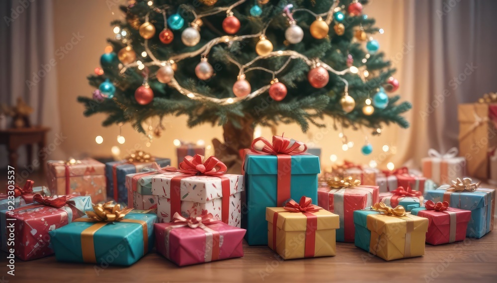 merry christmas background with a close-up of beautifully wrapped gifts under a decorated tree, soft fairy lights in the background, copy space above, high detail, vibrant color, ai merry christmas background with a close-up of beautifully wrapped gifts under a decorated tree, soft fairy lights in the background, copy space above, high detail, vibrant color, ai