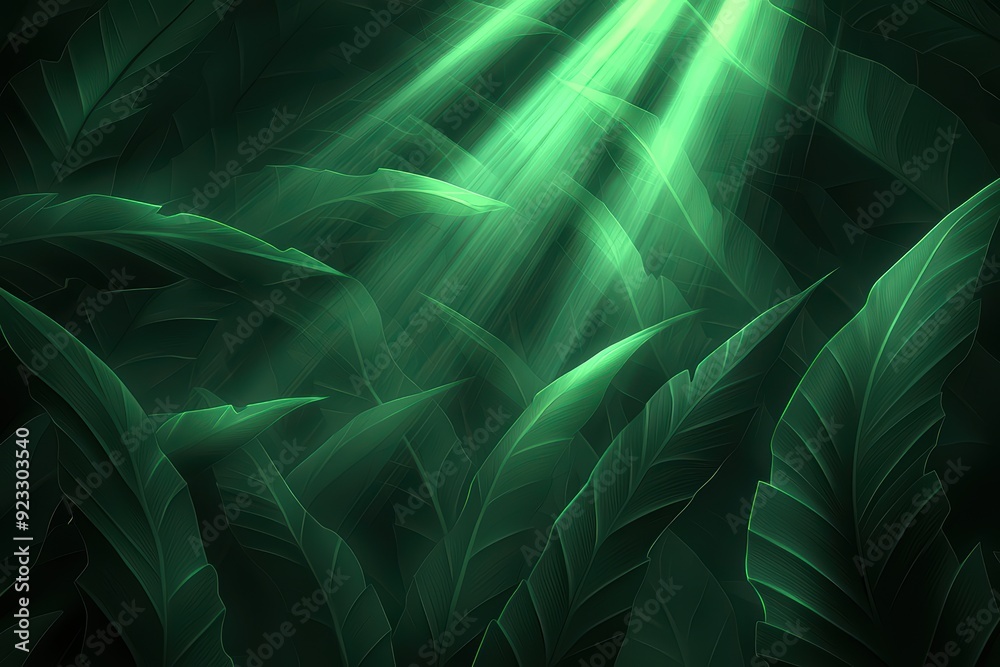 A serene view of lush green leaves illuminated by soft rays of light, creating a tranquil and peaceful ambiance in nature. A serene view of lush green leaves illuminated by soft rays of light, creating a tranquil and peaceful ambiance in nature.