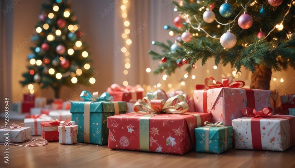 merry christmas background with a close-up of beautifully wrapped gifts under a decorated tree, soft fairy lights in the background, copy space above, high detail, vibrant color, ai merry christmas background with a close-up of beautifully wrapped gifts under a decorated tree, soft fairy lights in the background, copy space above, high detail, vibrant color, ai