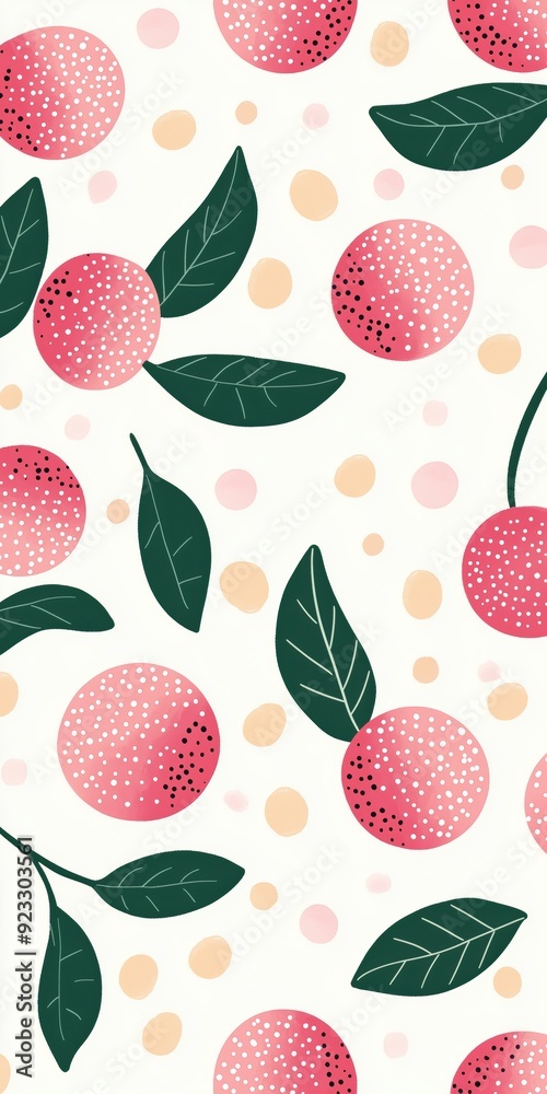Tropical Lychee Fruit Pattern Wallpaper - Flat Icons with Pink Round Shapes and Green Leaf on Soft Background - Perfect for Summer, Food, and Nature Designs - High-Quality Stock Image Tropical Lychee Fruit Pattern Wallpaper - Flat Icons with Pink Round Shapes and Green Leaf on Soft Background - Perfect for Summer, Food, and Nature Designs - High-Quality Stock Image