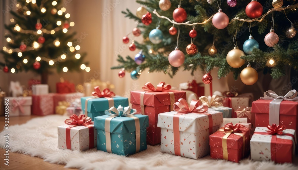 merry christmas background with a close-up of beautifully wrapped gifts under a decorated tree, soft fairy lights in the background, copy space above, high detail, vibrant color, ai merry christmas background with a close-up of beautifully wrapped gifts under a decorated tree, soft fairy lights in the background, copy space above, high detail, vibrant color, ai