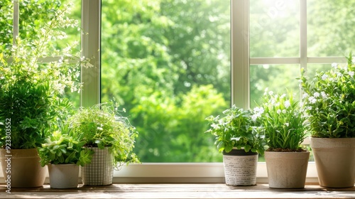 A serene view of potted plants by a sunny window, creating a fresh and vibrant indoor atmosphere filled with greenery.