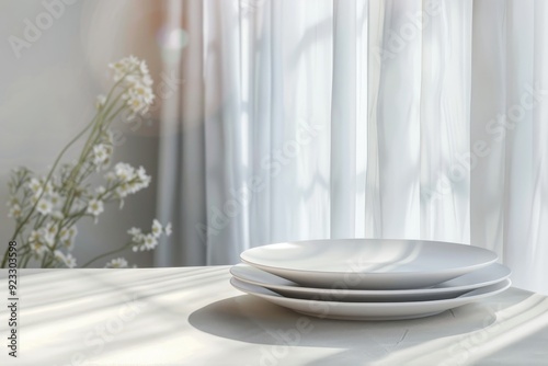 fine porcelain, plates on white table setting photo