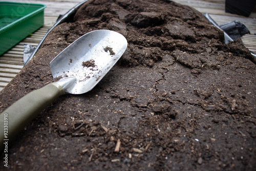 Wallpaper Mural Gardening tools close-up. Home planting. Copy space. Shovel, drainage, stones, soil for home garden Torontodigital.ca