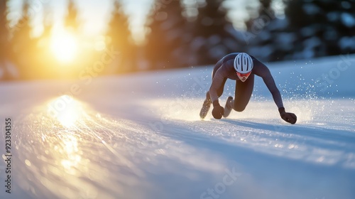 A speed skater races on a frozen track, showcasing agility and technique against a beautiful sunset backdrop. photo