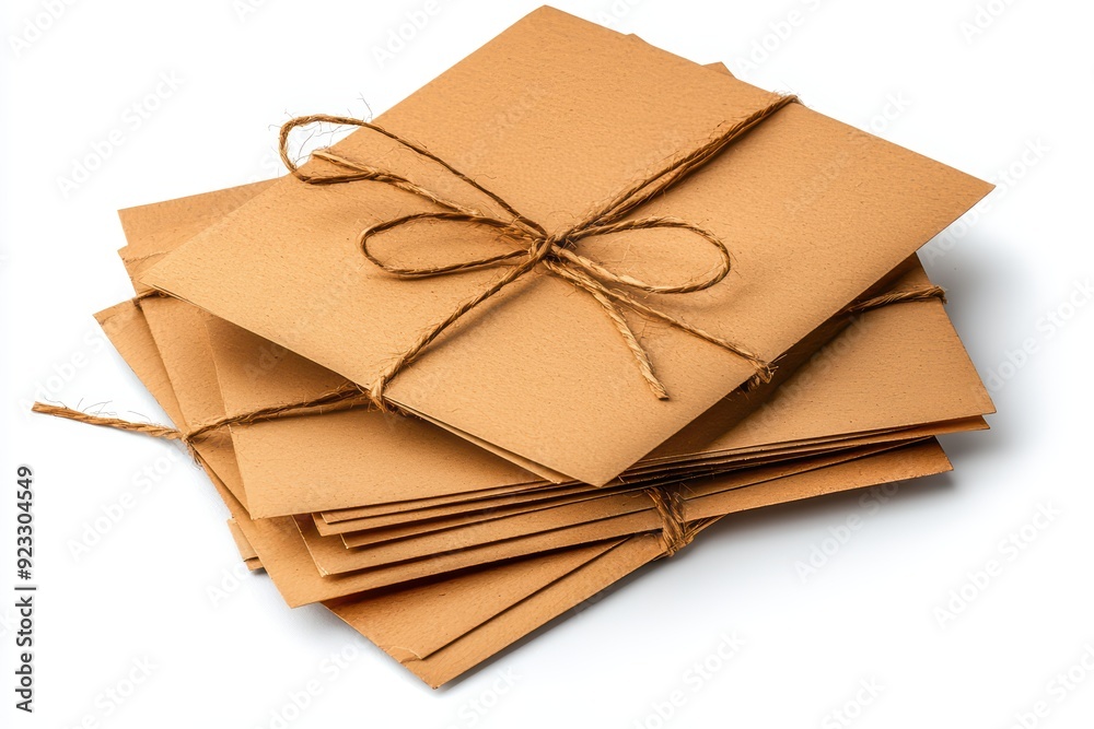 A stack of brown envelopes tied with twine, perfect for invitations, letters, or creative stationery projects. A stack of brown envelopes tied with twine, perfect for invitations, letters, or creative stationery projects.