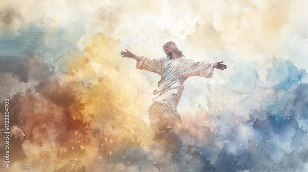 Jesus Ascending to Heaven in Watercolor, Faith and Glory, Biblical Illustration, Beige Background, copyspace Jesus Ascending to Heaven in Watercolor, Faith and Glory, Biblical Illustration, Beige Background, copyspace