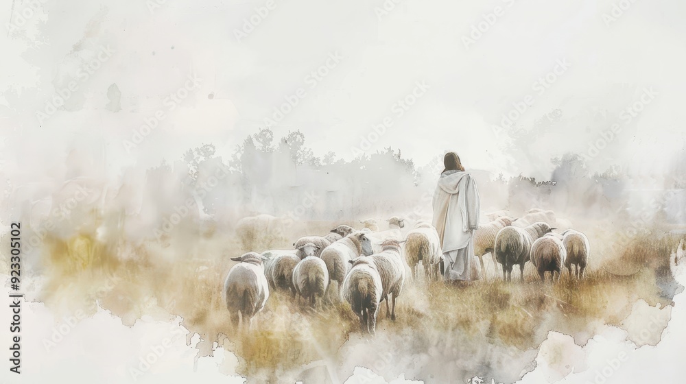 Jesus as a Shepherd with a Flock of Sheep, Serene Meadow, Faith and ...