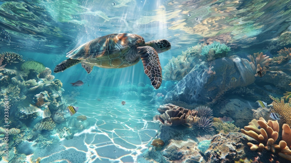 Fototapeta premium Sea Turtle Swimming Through Coral Reef
