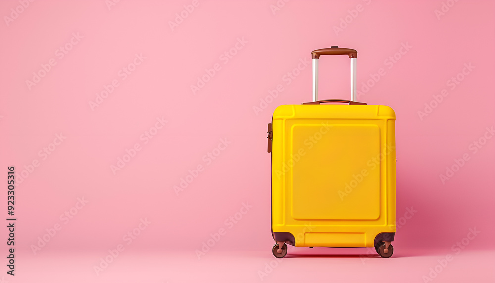 One new yellow suitcase on pink background, space for text One new yellow suitcase on pink background, space for text