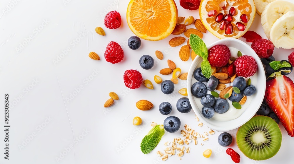 Fresh assorted fruits and nuts with yogurt on white background. Healthy breakfast with vibrant colors. Top view, copy space. Fresh assorted fruits and nuts with yogurt on white background. Healthy breakfast with vibrant colors. Top view, copy space.