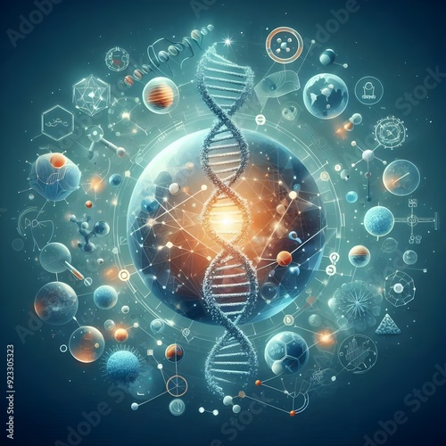 A science banner, wallpaper, or template featuring DNA molecules. Vector-based artwork.