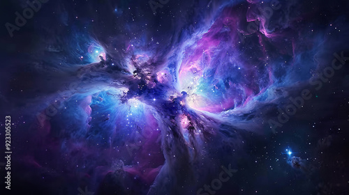 The Orion Nebula in deep space, where the stars sparkle against the background of bright clouds of gas and dust, creating a fantastic palette of blue, purple and magenta shades.