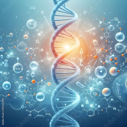 A science banner, wallpaper, or template featuring DNA molecules. Vector-based artwork. photo