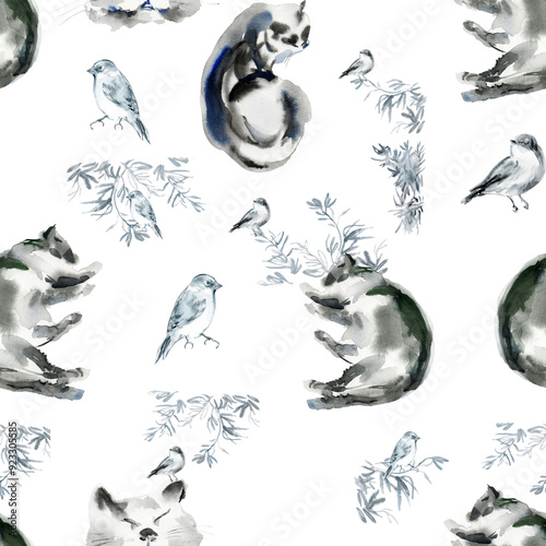 Fotografie Pattern of cat sketch with bird singing on a olive branch