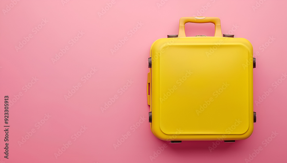 One new yellow suitcase on pink background, space for text One new yellow suitcase on pink background, space for text