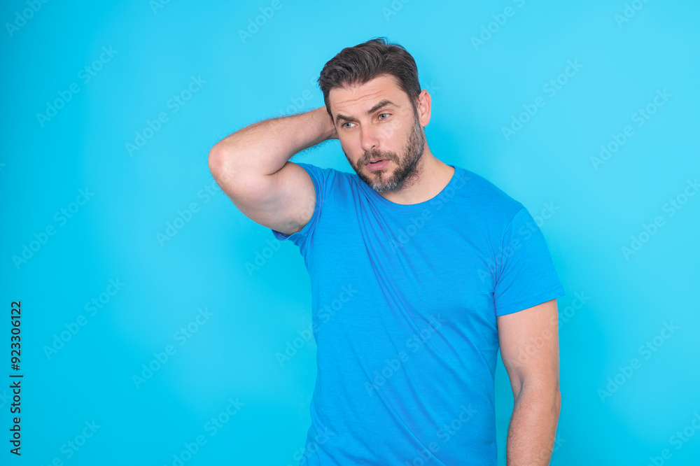 Thinking concept. Portrait of focused smart and creative man, holding fingers cheek, with thoughtful expression, thinking. Pensive man thinking of good deal offer. Portrait of attractive man thinking. Thinking concept. Portrait of focused smart and creative man, holding fingers cheek, with thoughtful expression, thinking. Pensive man thinking of good deal offer. Portrait of attractive man thinking.