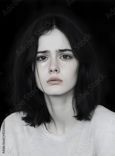 Monochrome Portrait of a Young Woman with Tear-Streaked Face