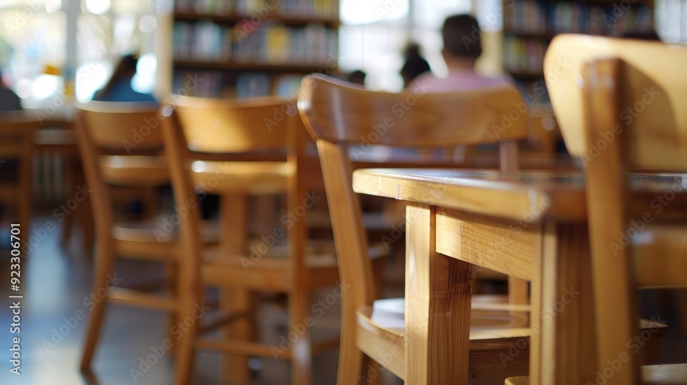 A close-up of wooden chairs and tables in the school library, with students reading books blurred out in the background,. High quality photo A close-up of wooden chairs and tables in the school library, with students reading books blurred out in the background,. High quality photo
