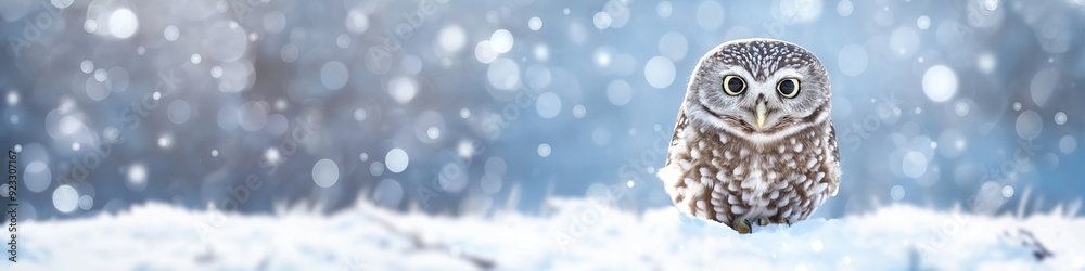 Fototapeta premium Cute owl is sitting in the snow. Wide panoramic banner with copy space.