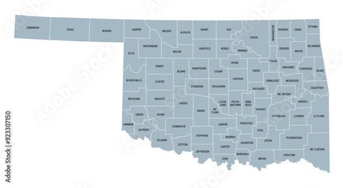 Oklahoma, U.S. state, gray political map with borders and county names. State in the South Central region of USA, subdivided into 77 counties. Native America, Land of the Red Man, and Sooner State.